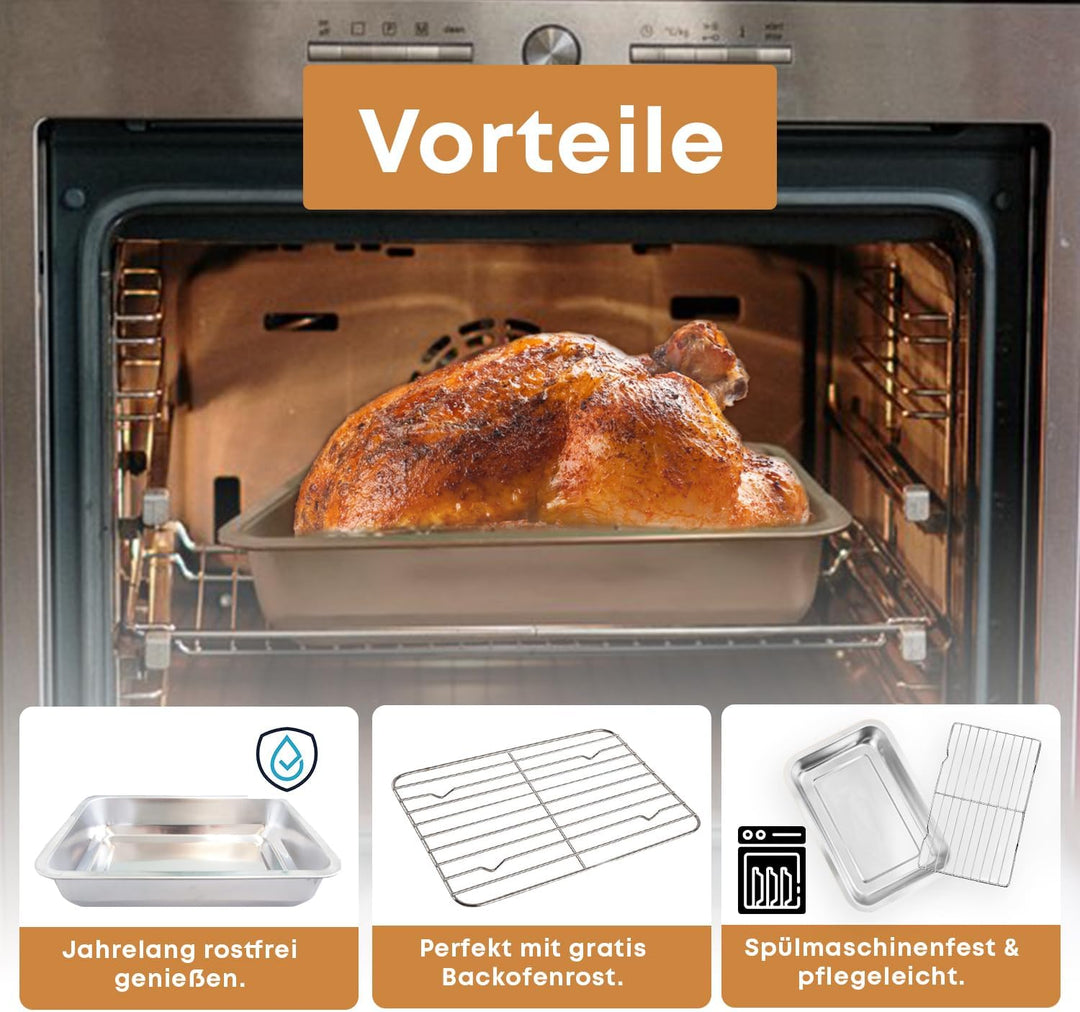 Bräter mit Grillrost 40x30x7 cm – Edelstahl Bratpfanne mit Rost für Backofen & Ofengerichte – Spülma