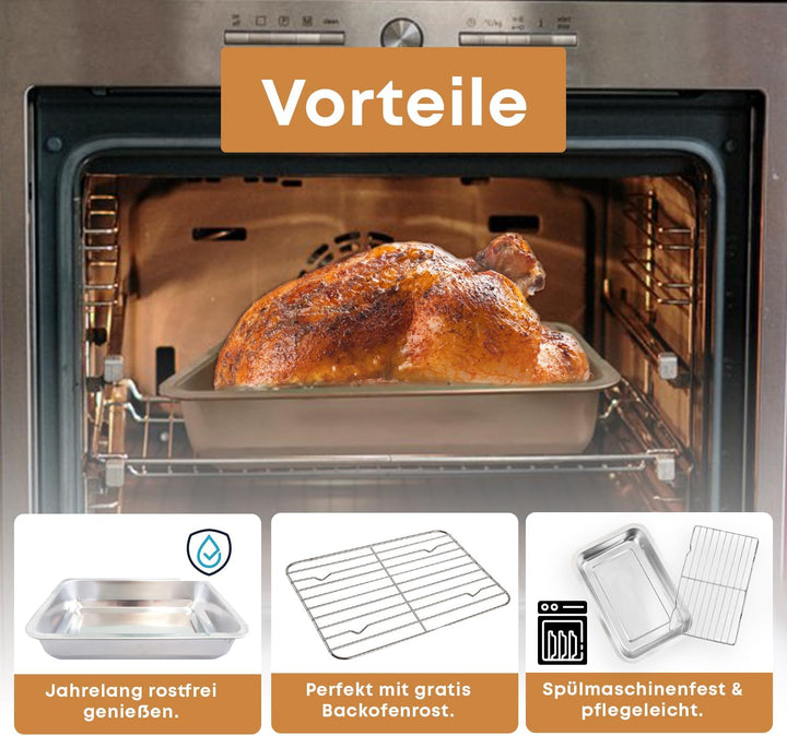 Bräter mit Grillrost 40x30x7 cm – Edelstahl Bratpfanne mit Rost für Backofen & Ofengerichte – Spülma