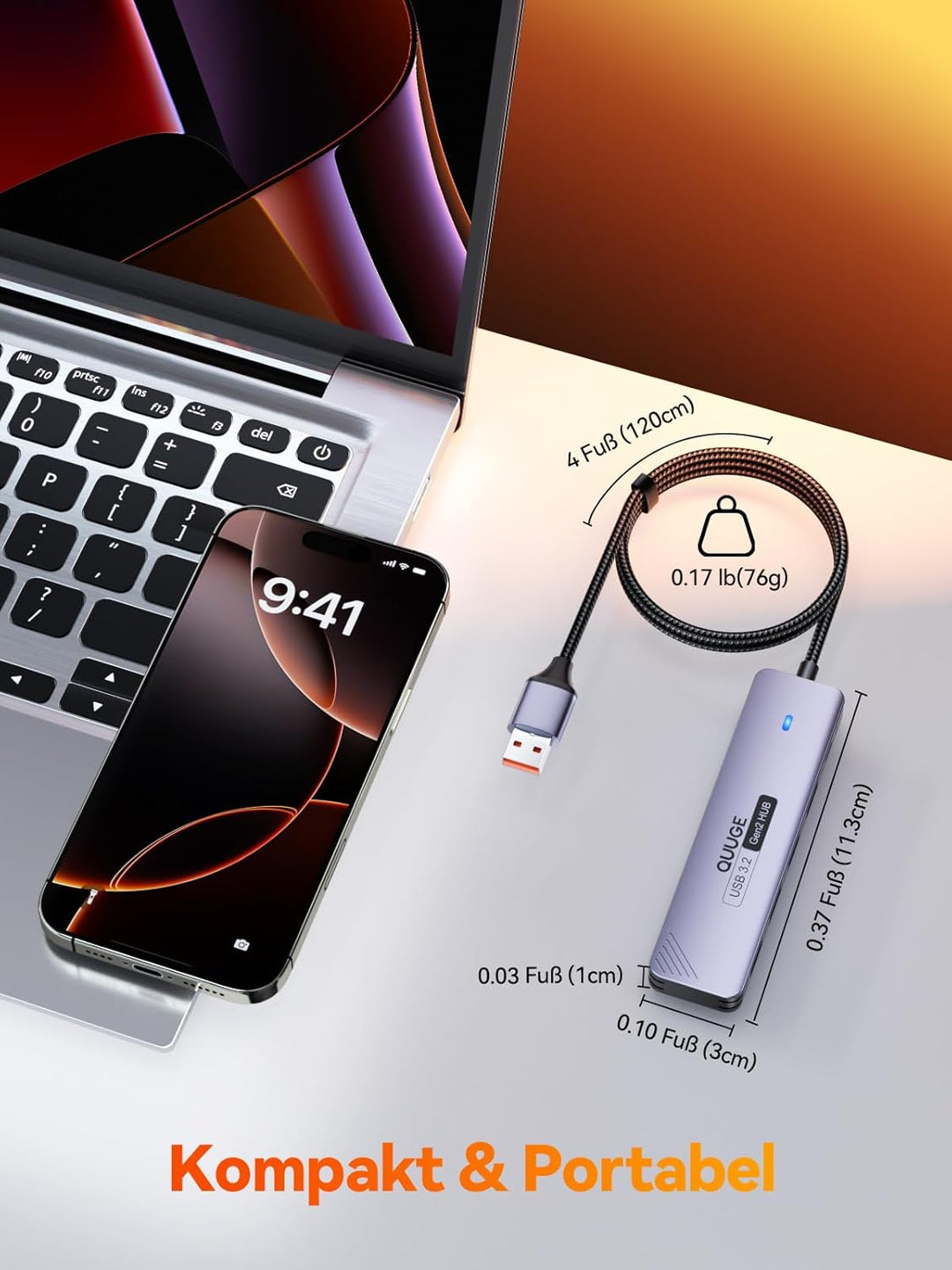 USB Hub 3.2 Gen2, QUUGE 5-in-1 USB Verteiler mit 2 USB-A & 2 USB-C 10Gbps, Multiport Splitter mit A-