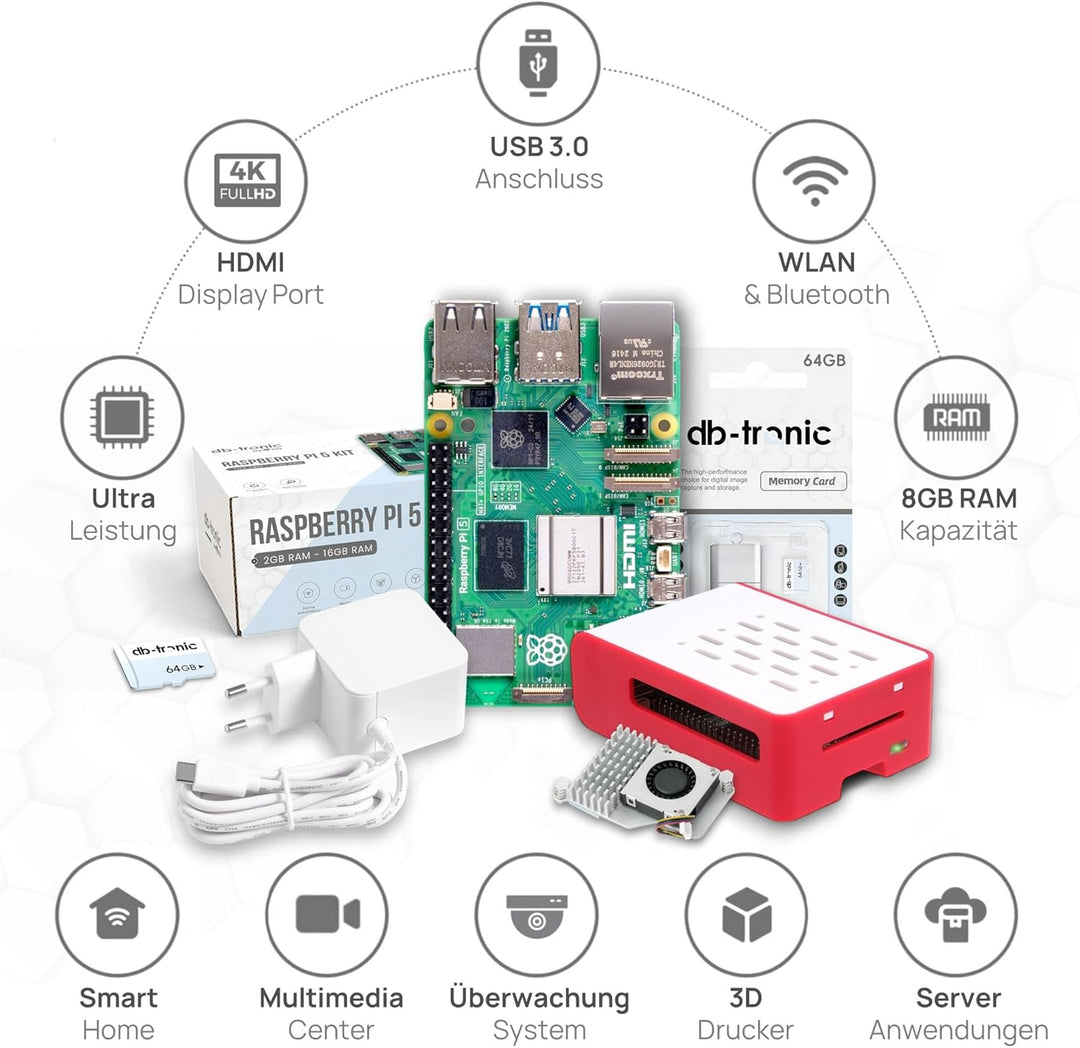 db-tronic Raspberry Pi 5 8GB Cooler Set | 64GB Edition | Netzteil 27W | Airflow Gehäuse | Active Coo