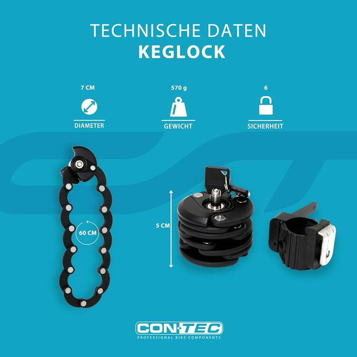 CONTEC Fahrrad Falt-Schloss KegLock, robuster Spezial-Stahl, 60 cm mit Halterung am Rahmen, Schlüsse
