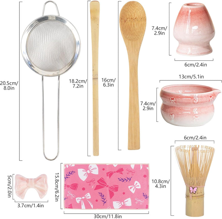 Nideen Matcha Set Rosa 8-teilig mit Schale, Besen, Löffel, Sieb & Zubehör – Traditionelles Matcha Te