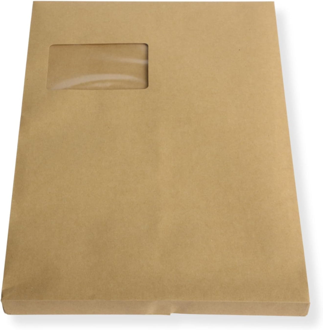 50 St. DIN C4 Faltenversandtaschen mit Fenster braun Stehboden und 20 mm Falte 130 gr. Kuvert 229x32