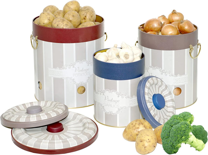 Lashuma Zwiebelbehälter Küche, runde Aufbewahrungsbox für Kartoffeln - Knoblauchdose Vintage 22 cm V