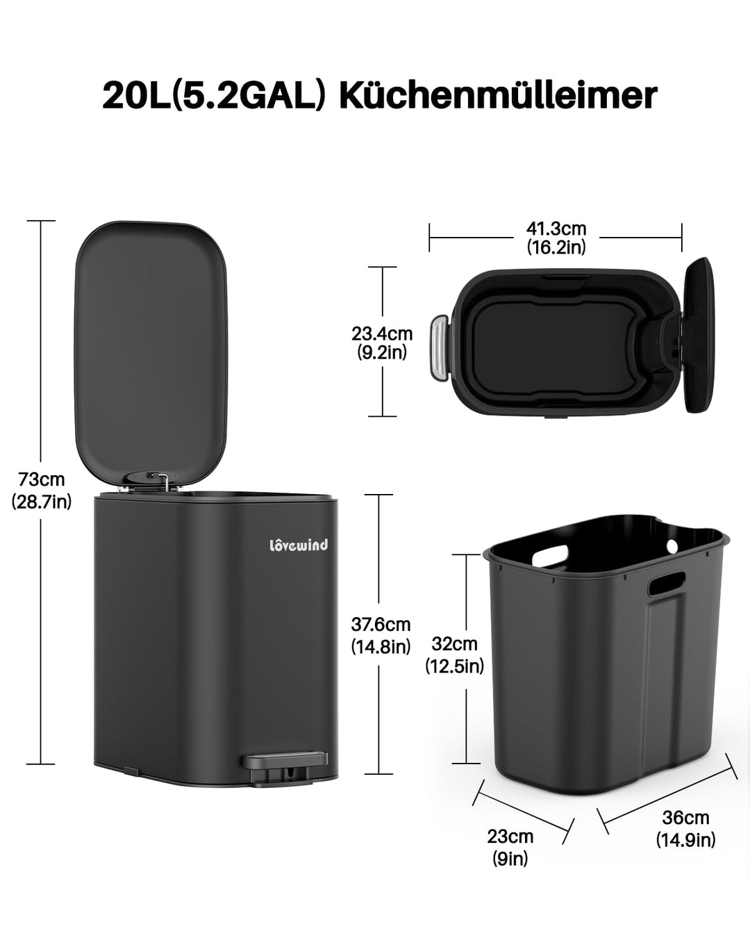 lovewind Mülleimer 20L mit Fusspedal, Schmaler Abfalleimer, Leise Schliessender Deckel, Entnehmbarer