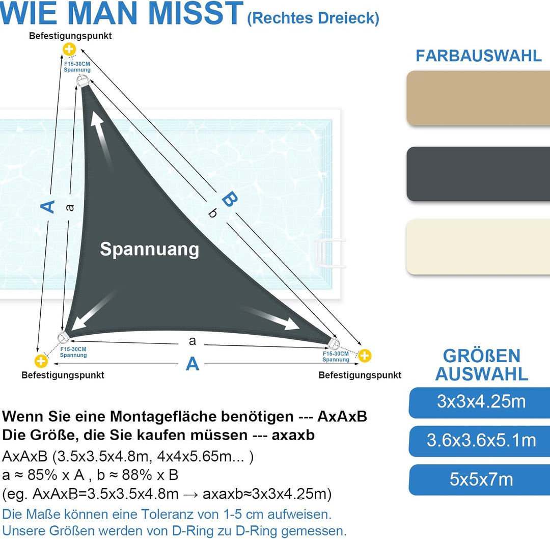 3x3x4,25m Sonnensegel Dreieck Wasserdicht Sonnenschutz, Anthrazit | 95% UV Schutz, Regenschutz, Suns