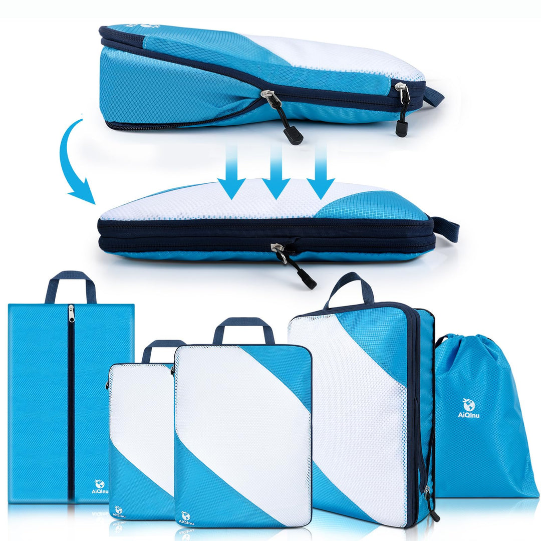AiQInu Packing Cubes Compression, 5 Stück Packtaschen Kompression Koffer Organizer Set mit Wäschebeu