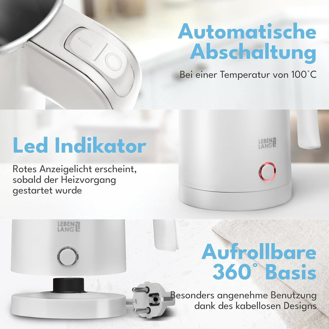 LEBENLANG Edelstahl Reisewasserkocher Klein - 500ml & BPA-Frei I 600W Mini Wasserkocher Klein Weiss