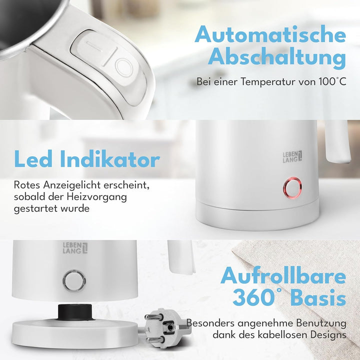 LEBENLANG Edelstahl Reisewasserkocher Klein - 500ml & BPA-Frei I 600W Mini Wasserkocher Klein Weiss