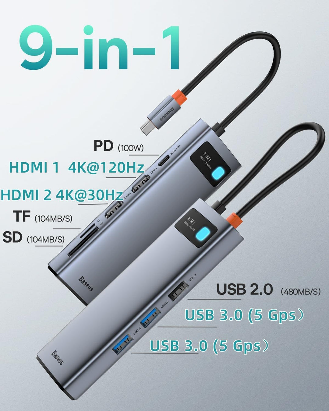 Baseus USB C HUB Dual 4K HDMI Display, 9 in 1 Docking Station 2 HDMI Dual Monitor, Gigabit Ethernet,