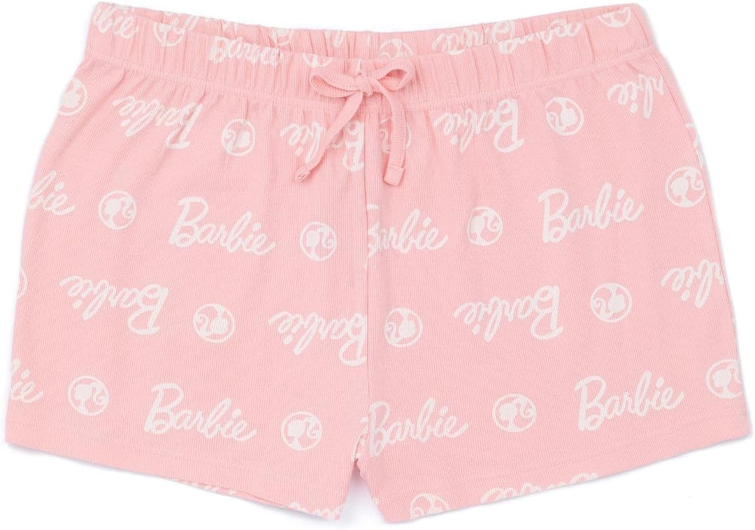 Barbie Damen Kurzer Pyjama | Damen Puppenlogo gerippte weisse Weste mit rosa elastischen Shorts Klei