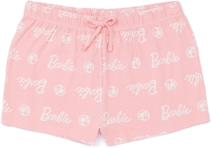 Barbie Damen Kurzer Pyjama | Damen Puppenlogo gerippte weisse Weste mit rosa elastischen Shorts Klei