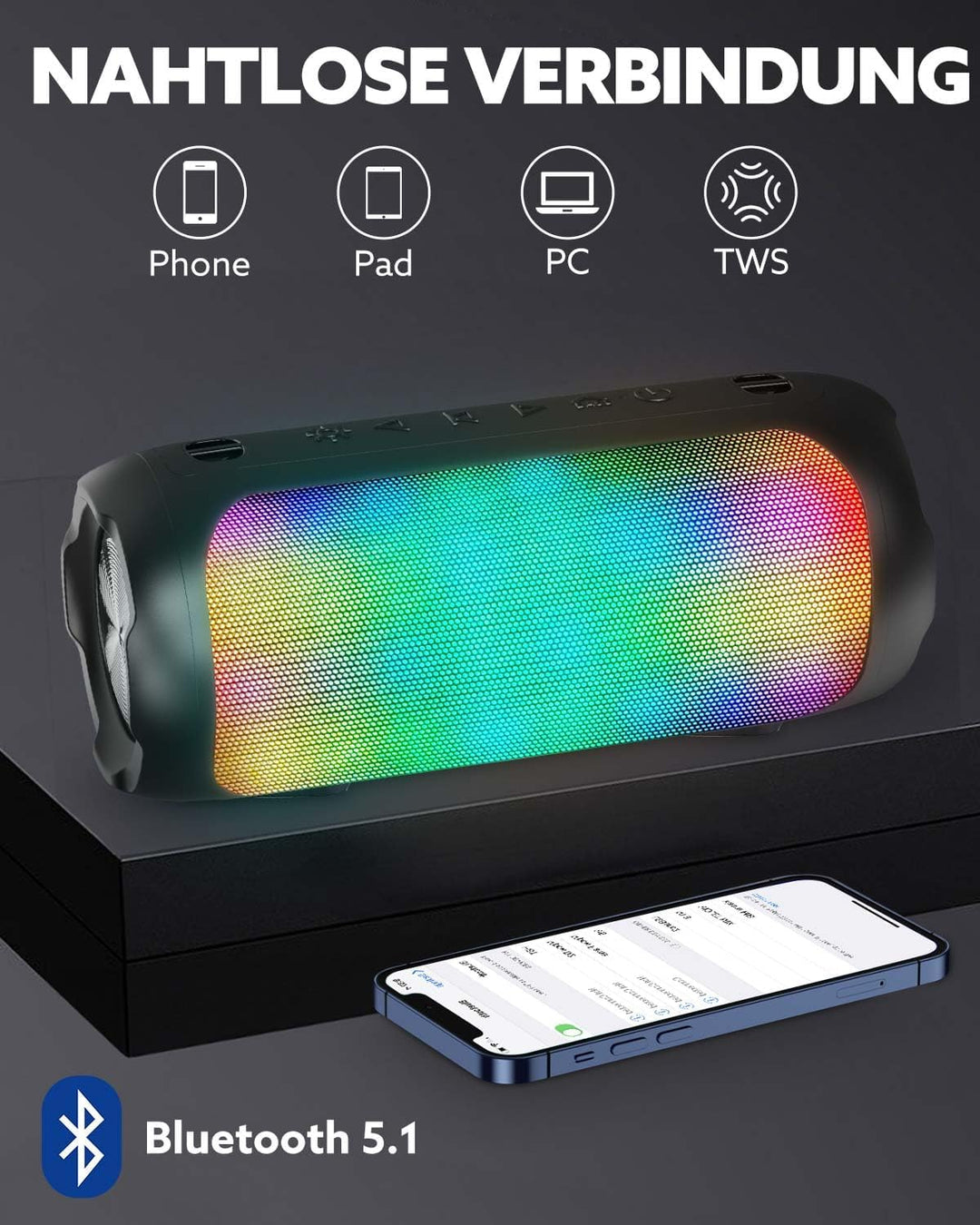 Bluetooth Lautsprecher mit 6 RGB-Lichter, Bluetooth 5.1 Tragbarer Box, 30W Dual Lautsprecher, TWS Pa