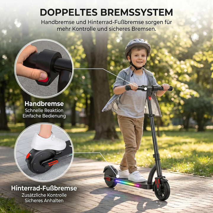 Caroma Kinder E Scooter für 6-12 Jahre, Doppeltes Bremssystem, 150W Motor bis 16 km/h, 12 km Reichwe