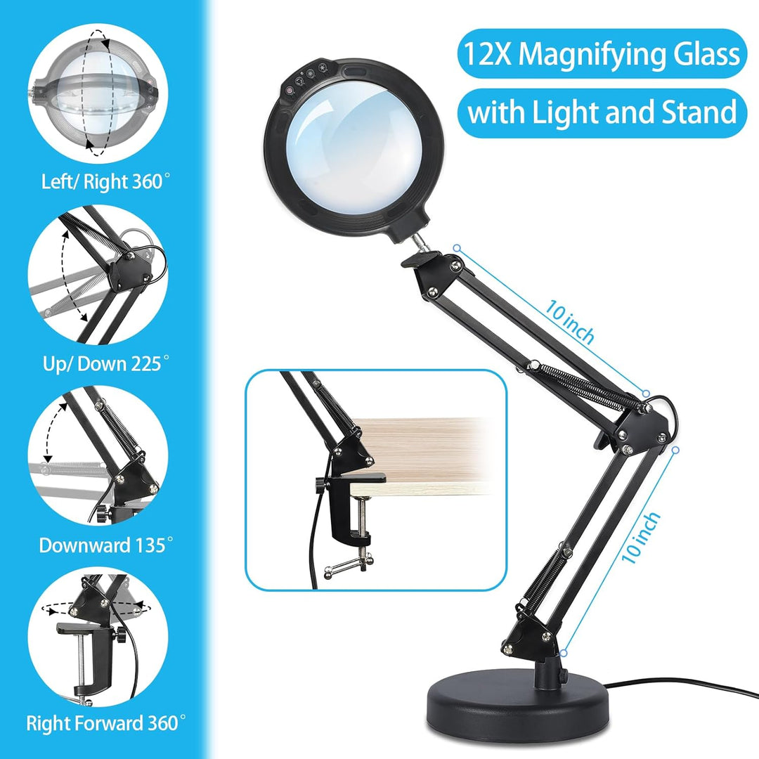 12X Tischlupe mit Licht und Ständer, Tischlampe mit Lupe & Lupenleuchte mit Klemme 2-in-1, 5 Farbmod