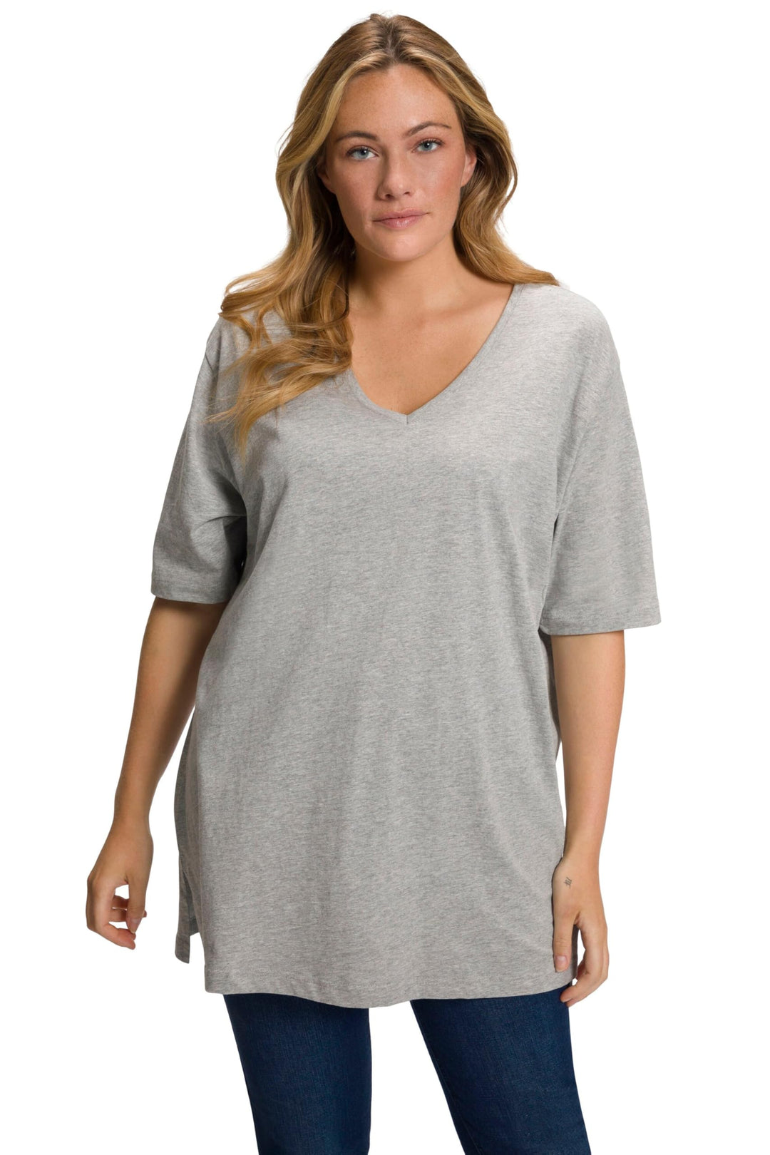 Ulla Popken Damen Basic-v-Shirt T 54-56 Hellgrau Mélange, 54-56 Hellgrau Mélange