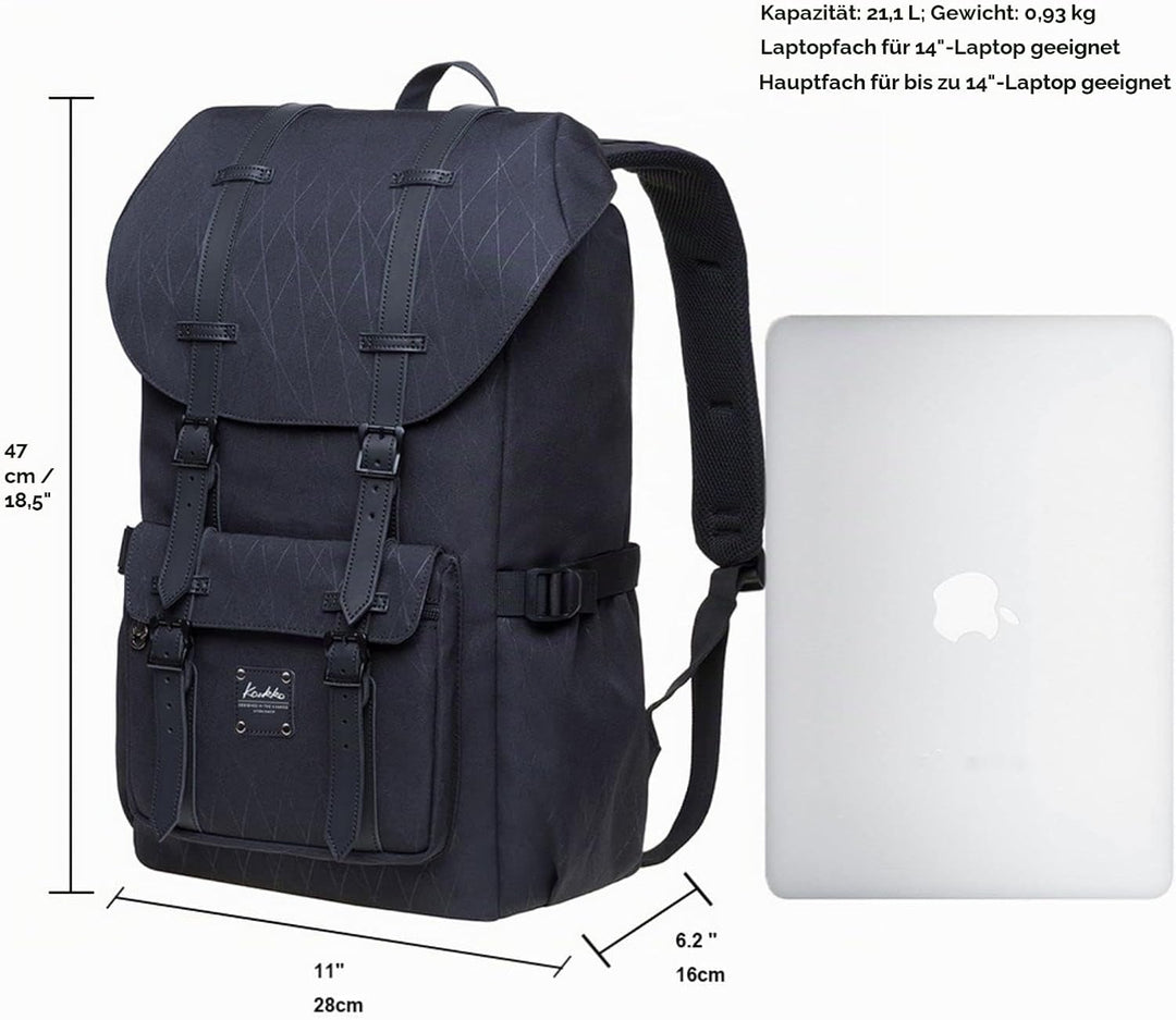 KAUKKO Rucksack Damen Herren Daypack mit Laptopfach für 14 Zoll Notebook für Freizeit Job Uni Reisen