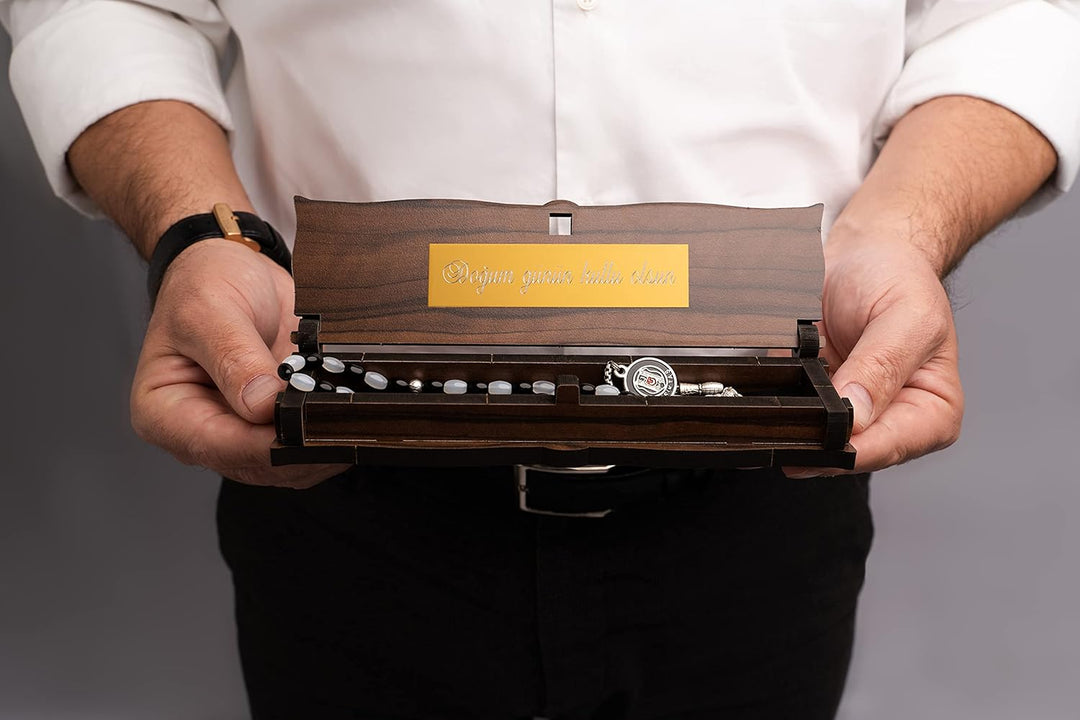 Gök-Türk Box Schatulle MIT Gravur aus Holz Handgemacht &amp; Tesbih Gebetskette &