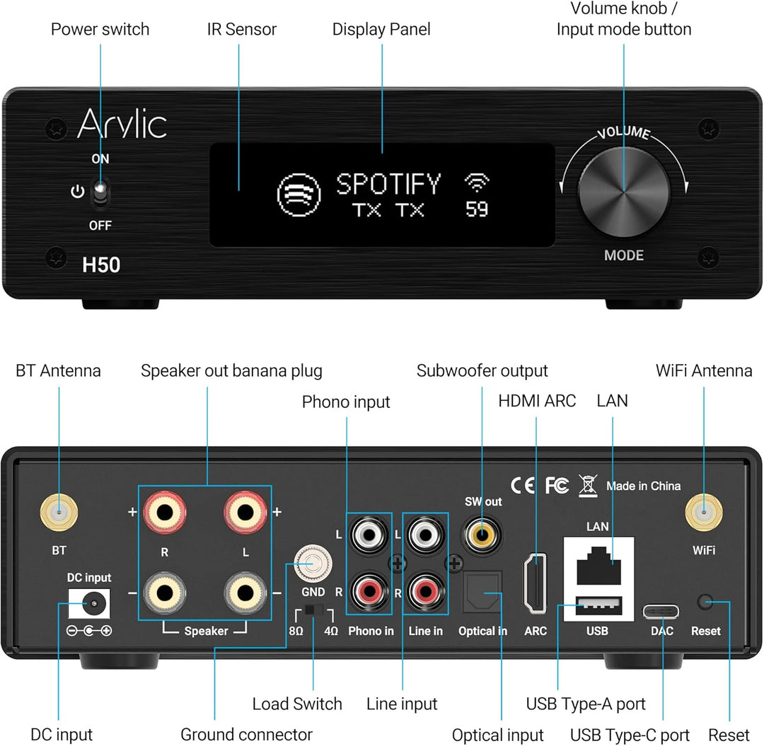 Arylic H50 Hi-Fi Multiroom WiFi Amplifier mit Bluetooth aptX HD, HDMI ARC, Airplay 2 & Spotify Strea