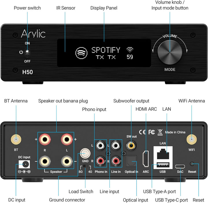 Arylic H50 Hi-Fi Multiroom WiFi Amplifier mit Bluetooth aptX HD, HDMI ARC, Airplay 2 & Spotify Strea