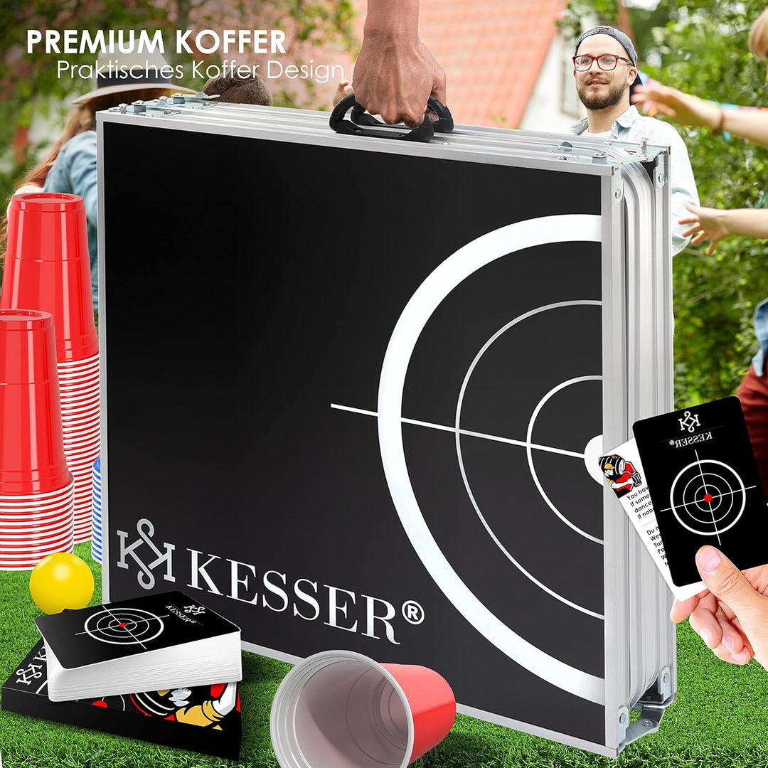 KESSER® Bier Pong Tisch Set mit Kartenspiel Trinkspiel - inkl. 100 Becher (50 Rot & 50 Blau), 6 Bäll