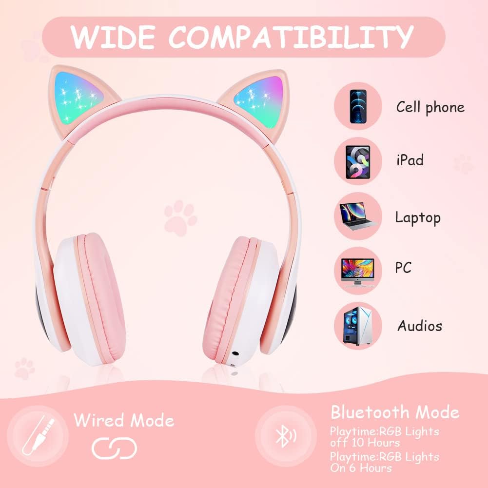 AXFEE Kopfhörer Kinder, Kinderkopfhörer Bluetooth, Mädchen Katzenohr Over-Ear mit LED-licht Faltbare