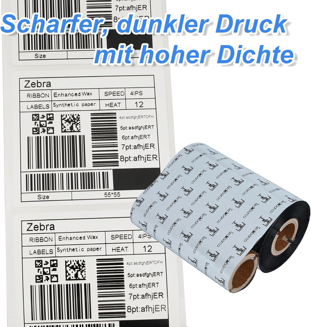 Premium Wachsband mit Thermotransferband, verstärktes Wachs, 2,5 cm, Schwarz, mit leerer Rolle, Tint