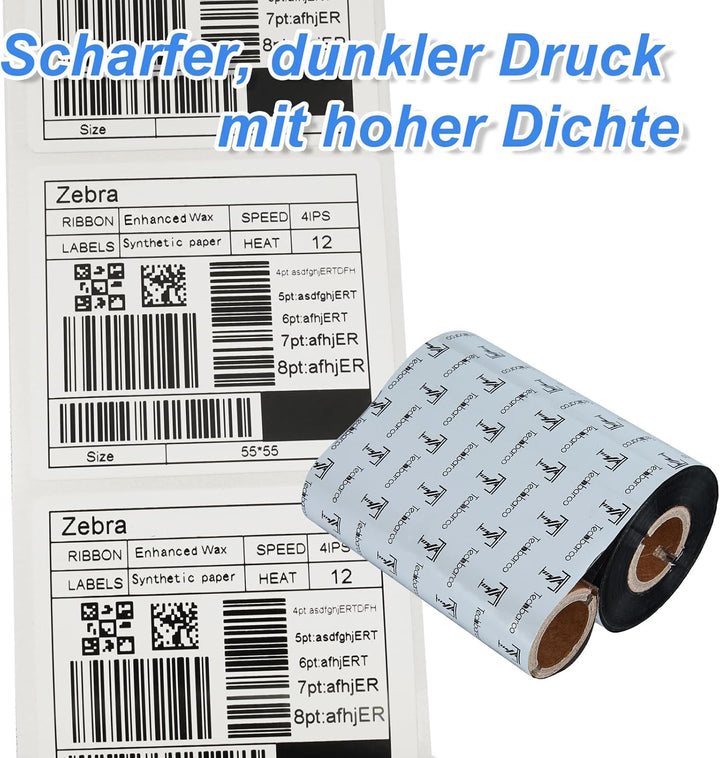 Premium Wachsband mit Thermotransferband, verstärktes Wachs, 2,5 cm, Schwarz, mit leerer Rolle, Tint