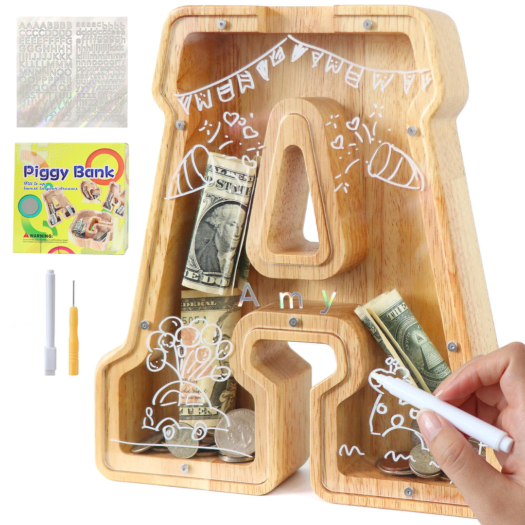 Lakpopya Spardose Buchstaben aus Holz für Kinder Erwachsene Gross A-Z Personalisiert Sparschwein mit