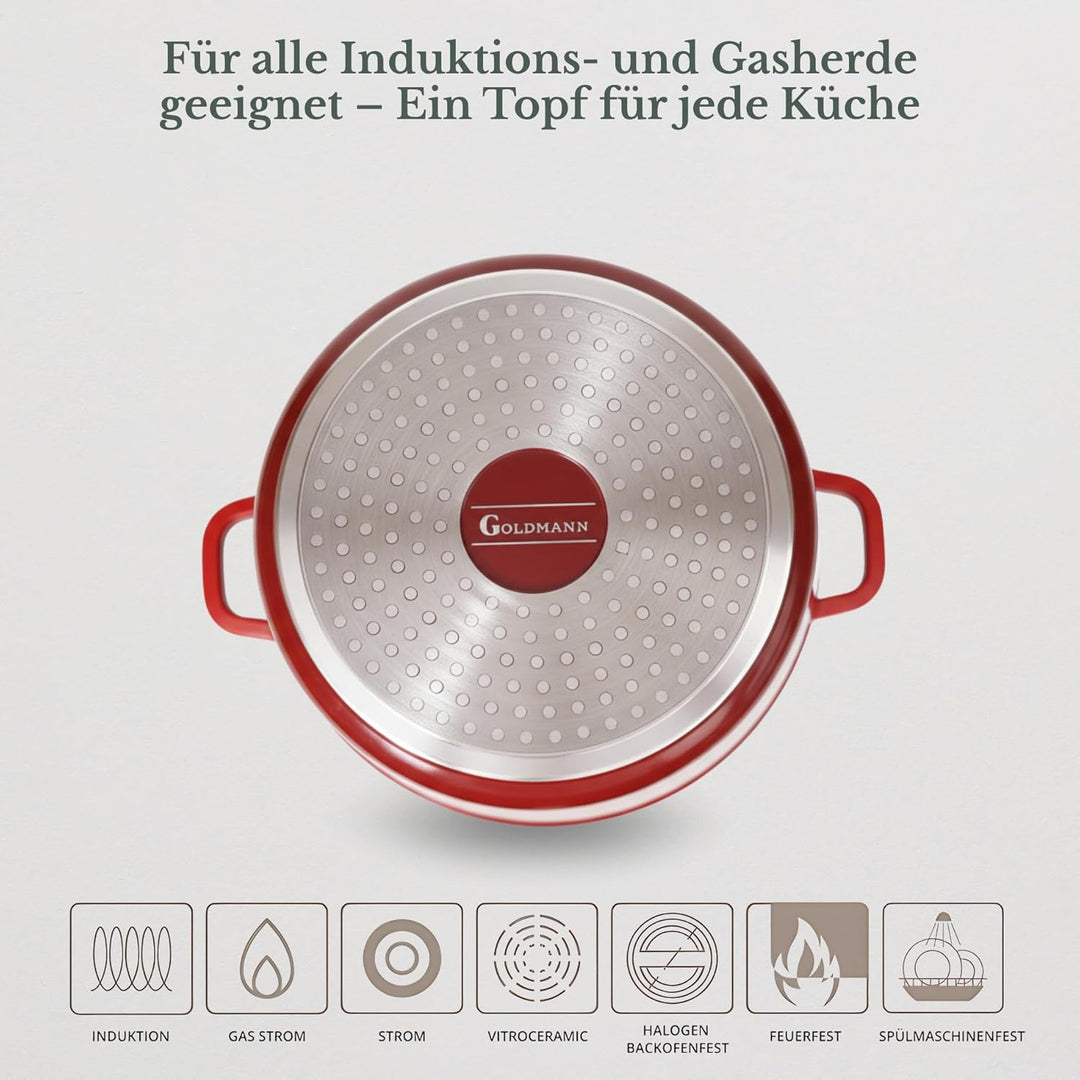 GOLDMANN Modern Rot 28 CM (10L) Aluguss-Kochtopf/Suppentopf mit Glasdeckel, Marmor-Keramik-Antihaftb