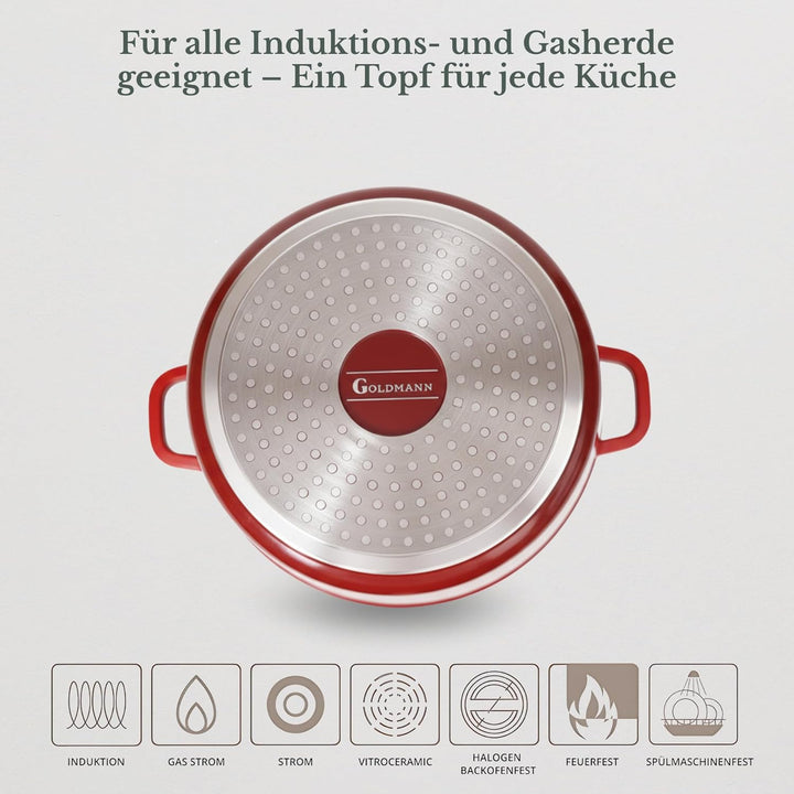 GOLDMANN Modern Rot 28 CM (10L) Aluguss-Kochtopf/Suppentopf mit Glasdeckel, Marmor-Keramik-Antihaftb