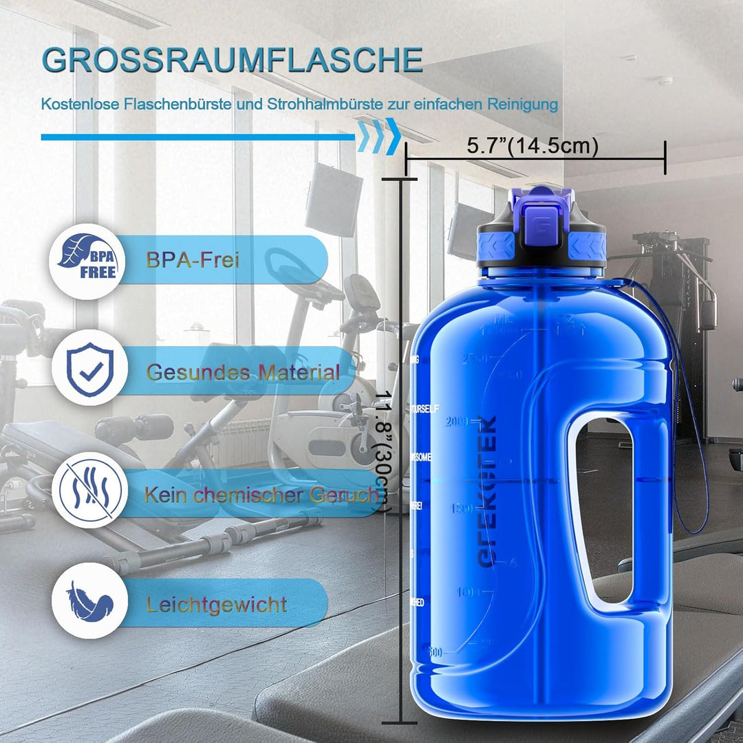 3 Liter Trinkflasche mit Strohhalm Uhrzeit Zeitmarkierung Gym Flasche BPA Frei für Sport Fitness (Du