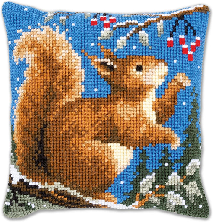 Vervaco Eichhörnchen im Winter Kreuzstichkissen, Stramin, Weiss, 40 x 40 x 0,3 cm