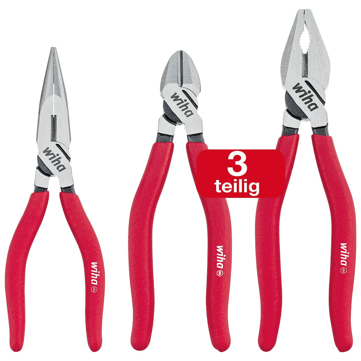 Wiha Zangen Set Classic 3 teilig I Kombizange mit DynamicJoint® und OptiGrip, Flachrundzange mit Dyn