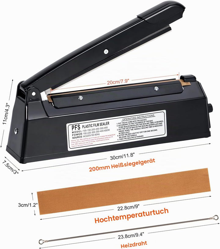 200 mm Heisssiegelgerät Folienschweissgerät Balkenschweissgerät Versiegelungsgerät Temperaturkontrol