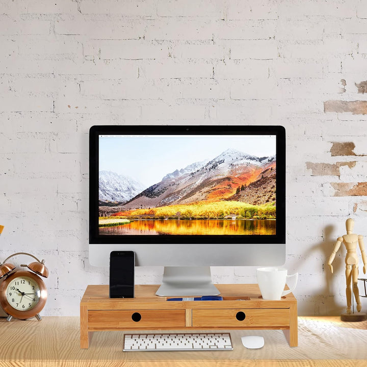 Relaxdays Monitorständer, aus Bambus, Bildschirmerhöhung mit 2 Schubladen &amp; Ablagen, Schreibtisch, H