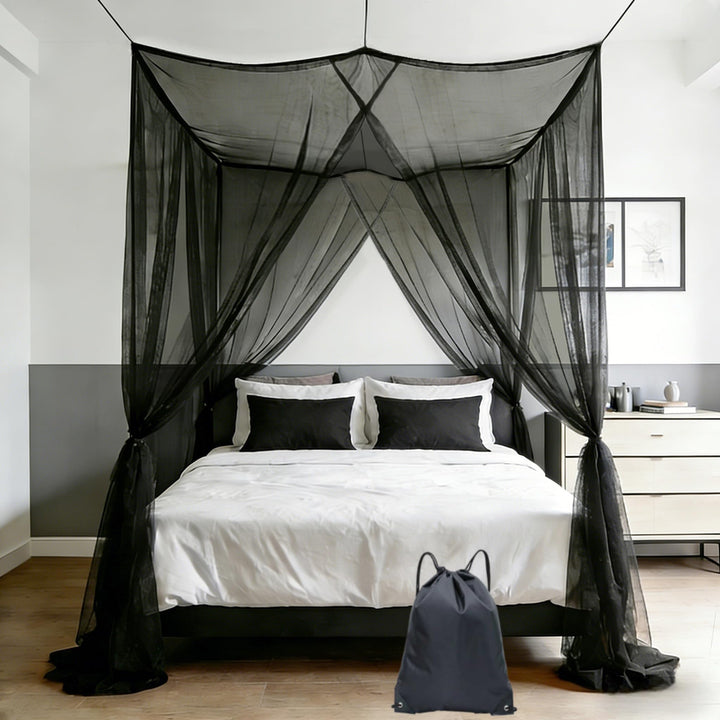 Moskitonetz für Einzel- und Doppelbett – Schwarz Betthimmel mit 4 Ecken(190×210×240 cm), mit Aufhäng