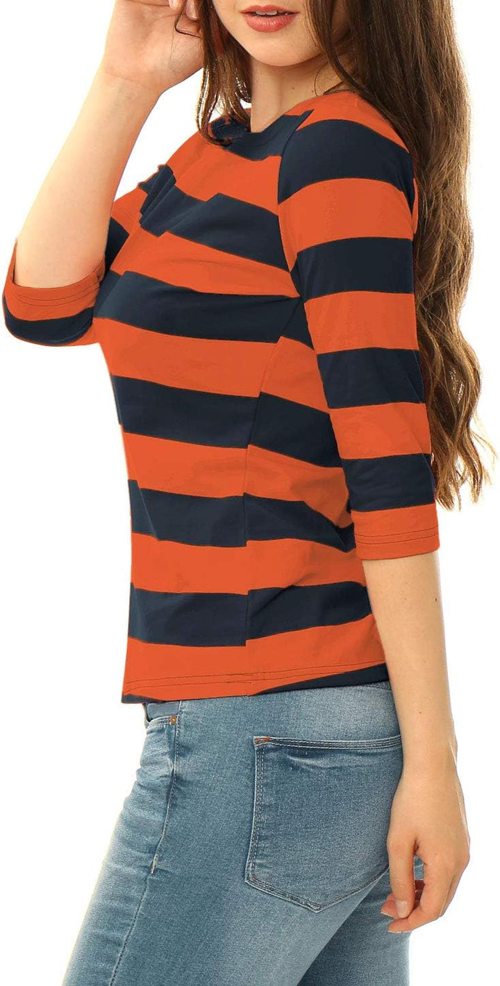 Allegra K Damen Gestreiftes Shirt U Boot Ausschnitt Halbarm Party Ferien Streifen Top Bluse XS Orang