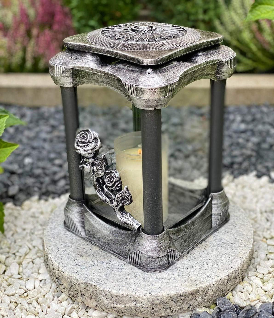 Grablampe Handmade NEU Rose-Motiv Silber Grablicht Grabkerze Grabdekoration Grabschmuck Gartenlampe
