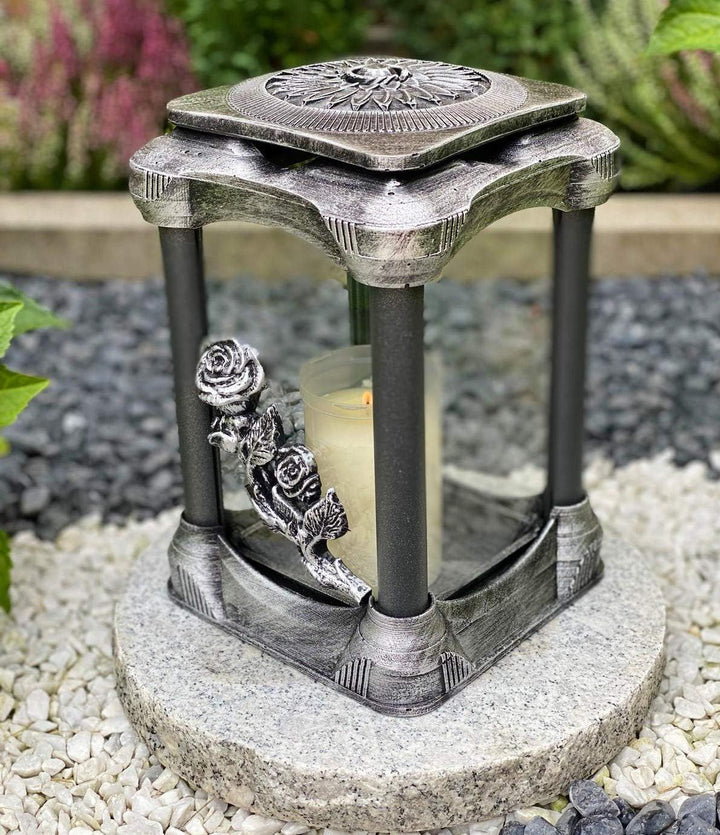 Grablampe Handmade NEU Rose-Motiv Silber Grablicht Grabkerze Grabdekoration Grabschmuck Gartenlampe