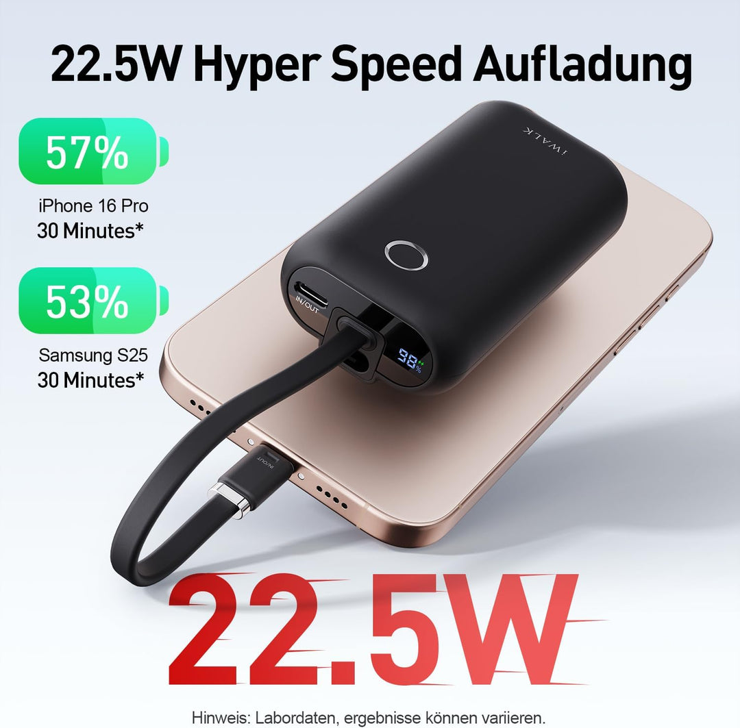 iWALK Mini Tragbares Ladegerät 10000 mAh, 22,5W USB-C Powerbank mit integriertem Kabel, Ultra-kompak