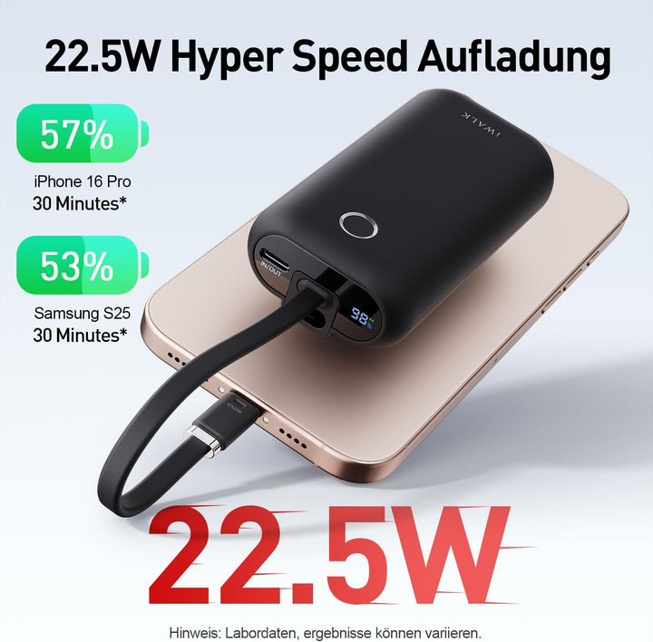 iWALK Mini Tragbares Ladegerät 10000 mAh, 22,5W USB-C Powerbank mit integriertem Kabel, Ultra-kompak