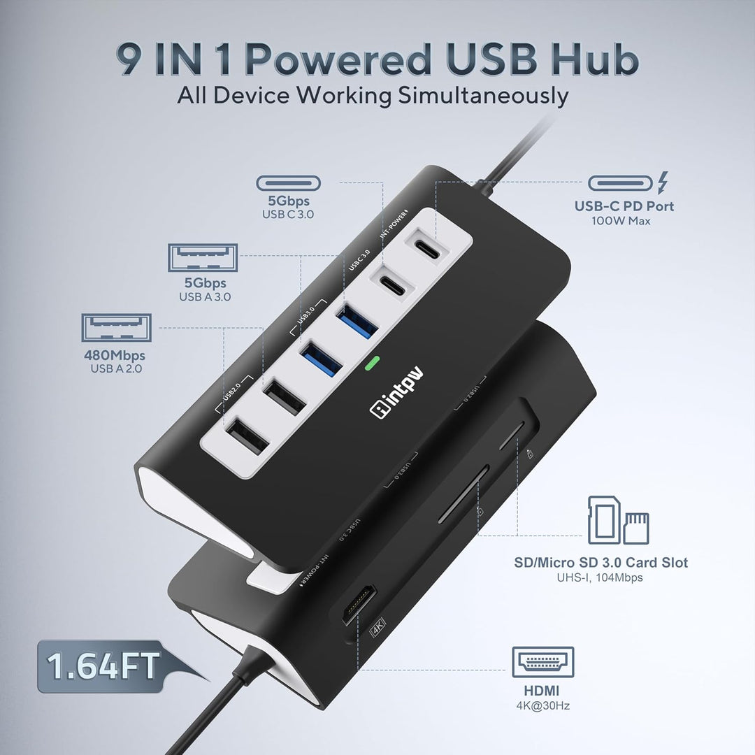 Intpw USB Hub, 9-in-1 USB C Hub Multiport Adapter mit 4K HDMI, PD 100W, USB-C und 2 USB A 3.0 5Gbps,