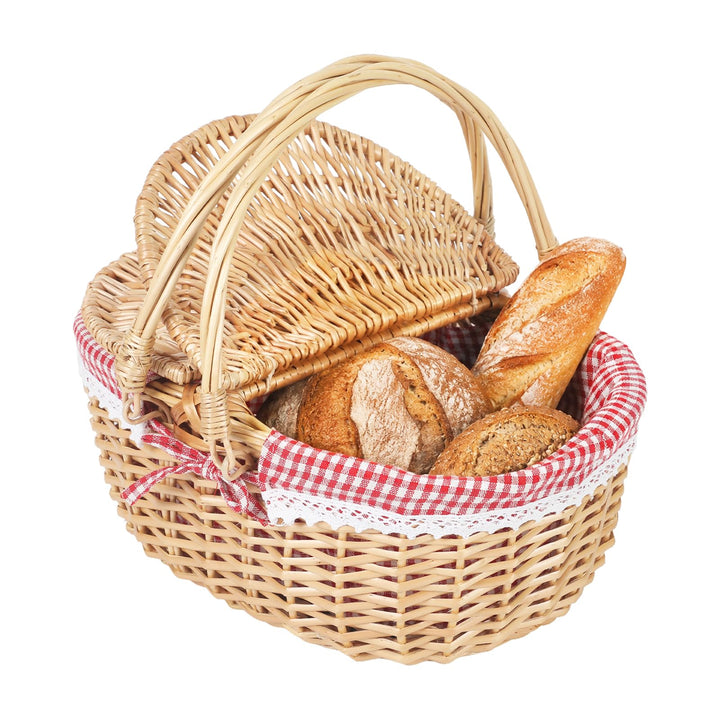 Picknickkorb mit Doppeldeckel &amp; klappbarem Griff, Handgeflochtener Korb mit Baumwollfutter, Picnic B