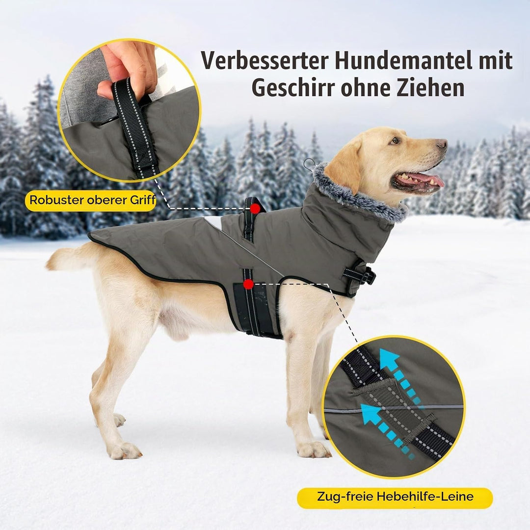 LIANZIMAU Wasserdichter Hundemantel mit Geschirr Wintermantel Hundepullover Fleece Reflektierende Hu