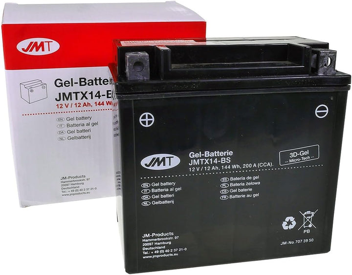JMT Batterie 12 V 14 Ah (YTX14-BS) [wartungsfrei & versiegelt] kompatibel für Piaggio/Vespa MP3 400