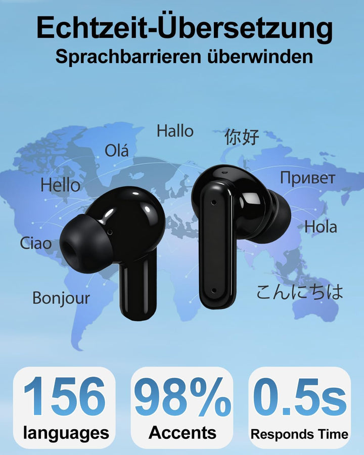 KI Übersetzer Kopfhörer, Echtzeit Sprachübersetzer Kopfhörer, Translator Earbuds mit Touchscreen 158