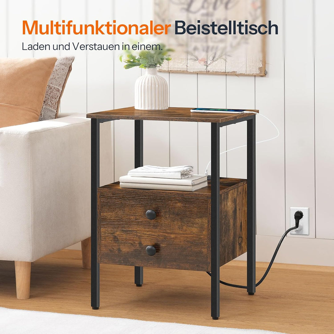 HOOBRO Nachttisch mit Ladestation, Beistelltisch, Sofatisch mit 2 Schubladen, Couchtisch mit USB-Ans