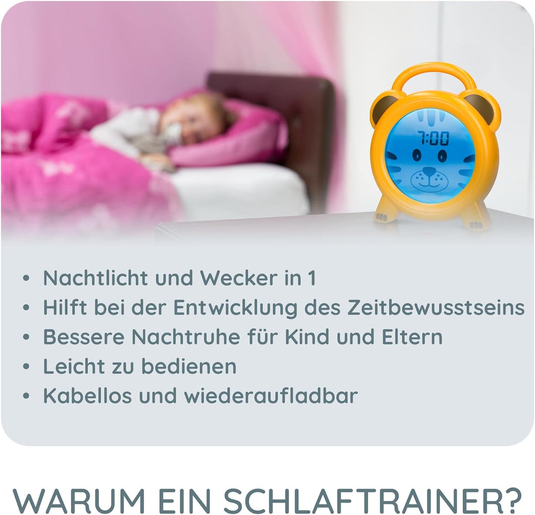 Alecto BC100TIGER - Pädagogischer Wecker Kinder - Schlaftrainer & Nachtlicht Kinder - Lernen von Sch
