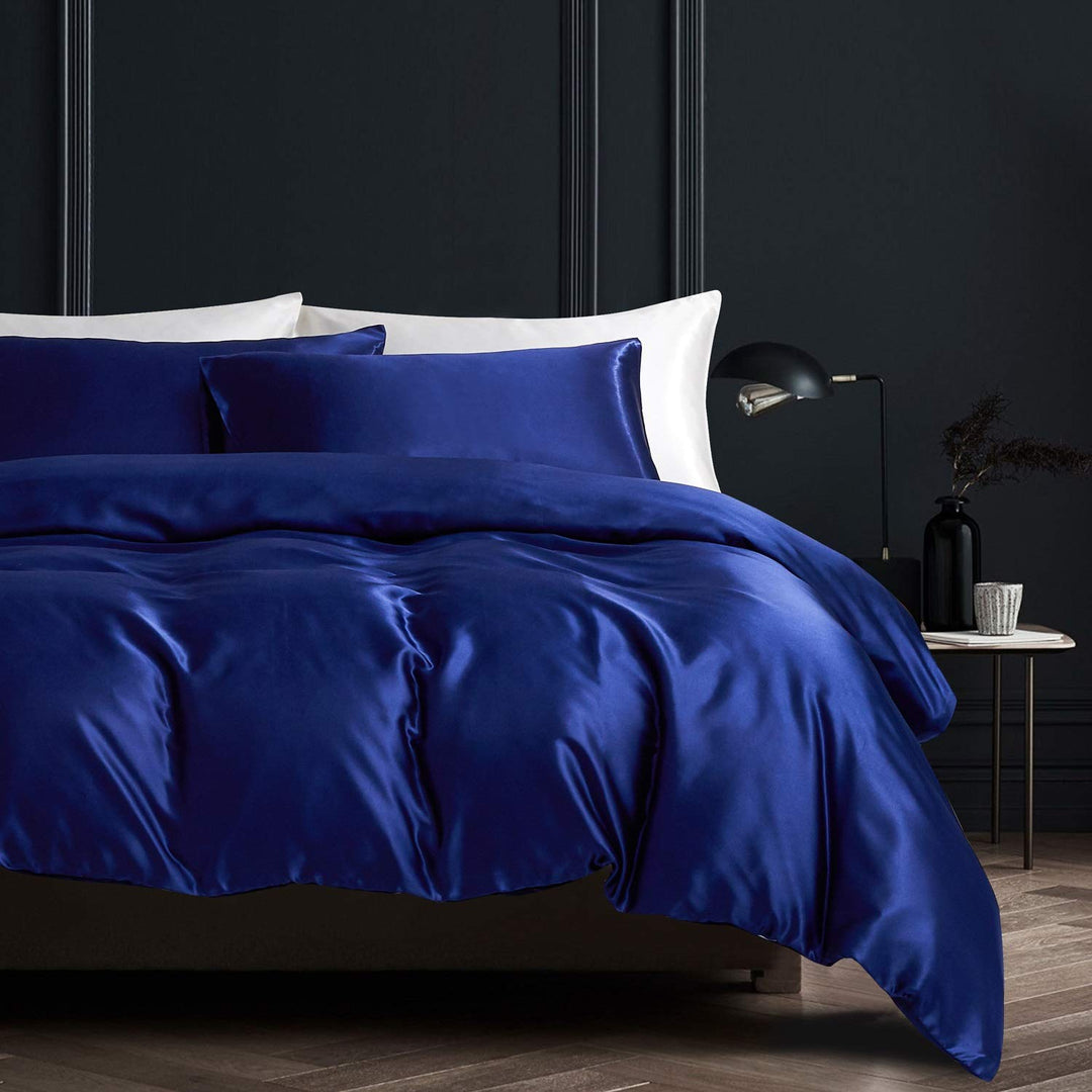 Boqingzhu Satin Bettwäsche 200x200cm Dunkel Blau Uni Glatt Glänzend Seide Luxus Bettwäsche Set Bettb